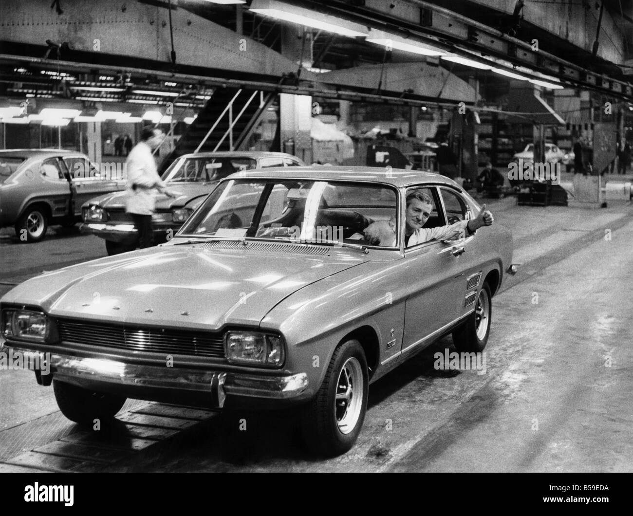 A Ford Capri rolls of the production line at the Halewood motor plant in Liverpool. &#13;&#10;March 1969 &#13;&#10;P005440 Stock Photo