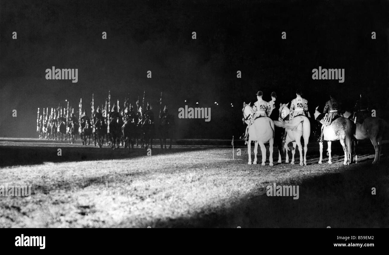 Chester Tattoo. Picture taken by searchlight shows a Musical Ride by the household cavalry The Life Guards and the Royal Horse Guards -The Blues. ;September 1949 ;P005717 Stock Photo