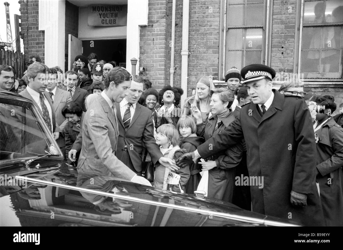 Prince Charles leaving the Pagnell Street Centre, Moonshot Youth Club today.&#13;&#10;June 1977 &#13;&#10;R77-3374-001 Stock Photo
