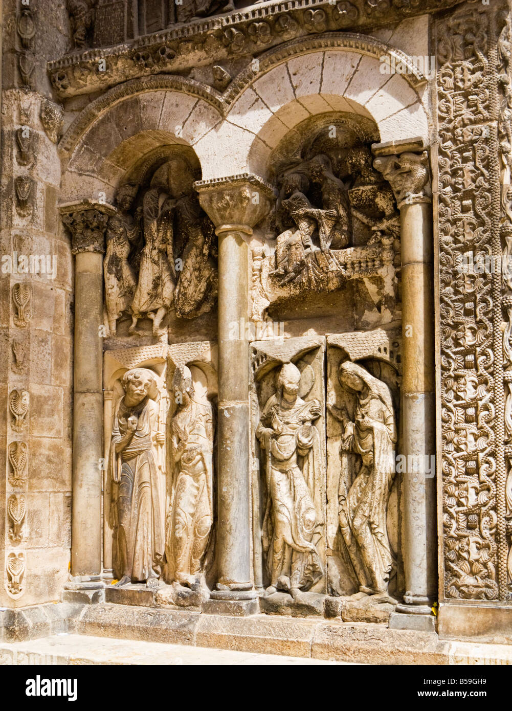 Relief sculptures at the entrance to the Abbaye Saint Pierre de Moissac, in Moissac, Tarn et Garonne, France Europe Stock Photo