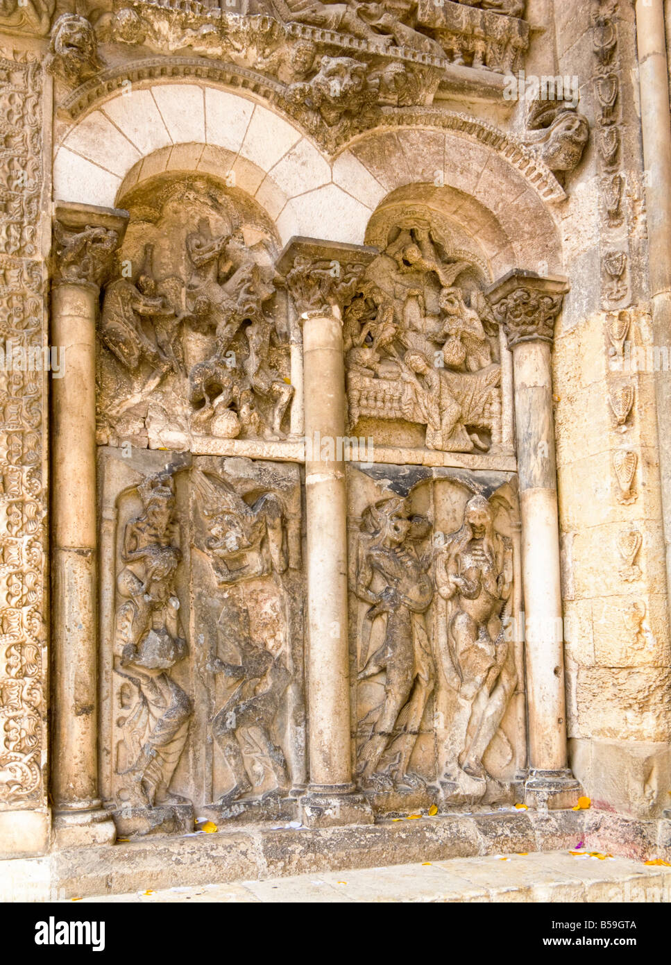 Relief sculptures at the entrance to the Abbaye Saint Pierre de Moissac, in Moissac, Tarn et Garonne, France, Europe Stock Photo