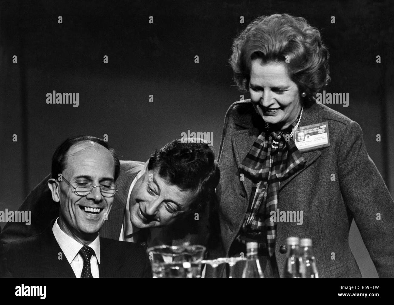 Norman Tebbit (left) with Margaret Thatcher at the Conservative Party Conference. October 1985 P008133 Stock Photo