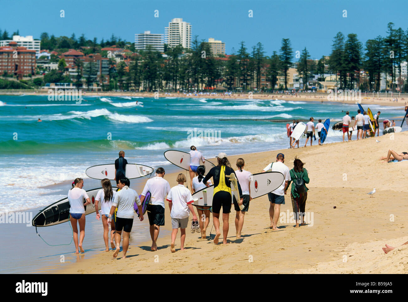 A surf class on Manly beach, the northern ocean suburb of Sydney, New South Wales, Australia, Pacific Stock Photo
