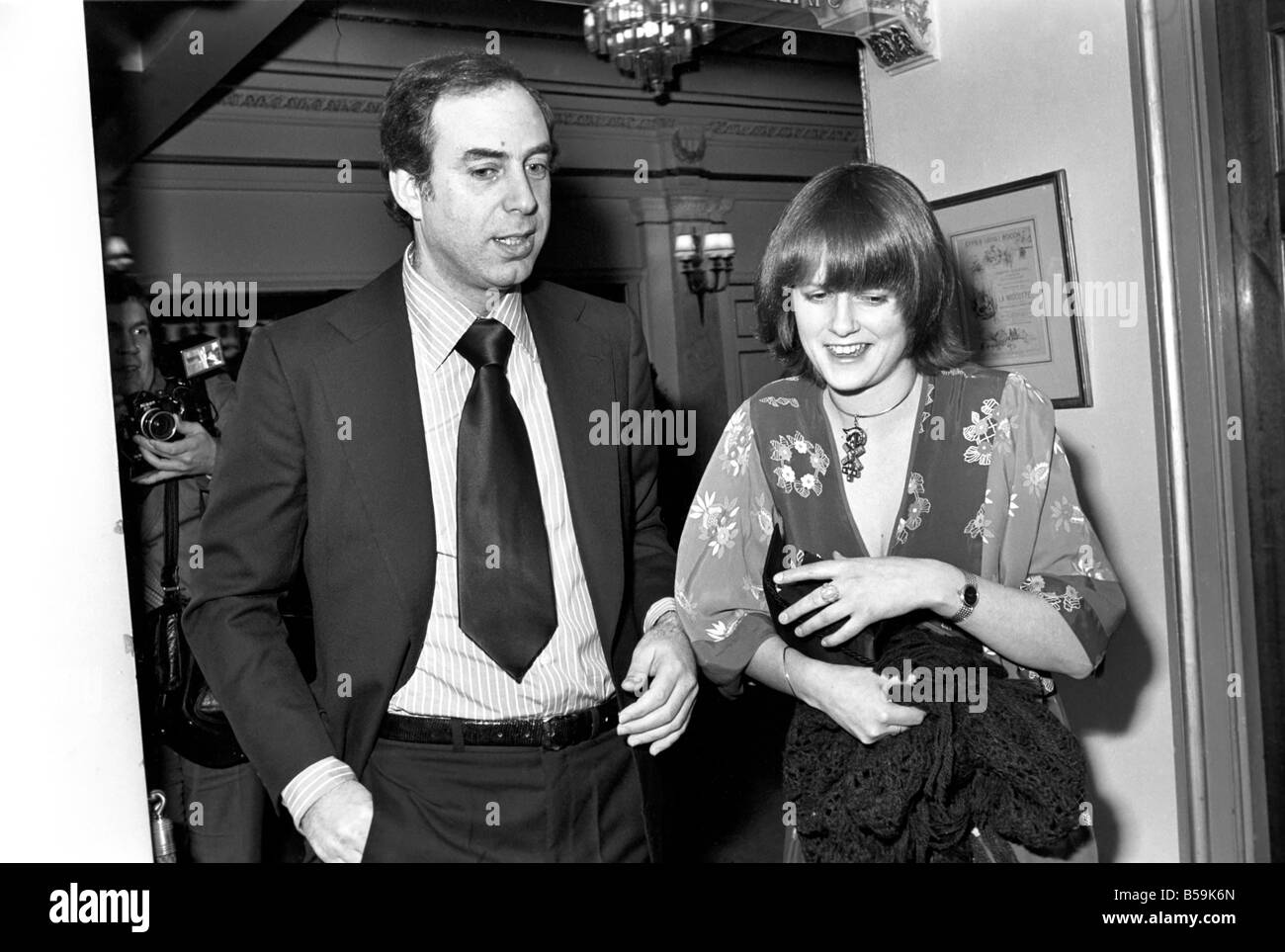 Screen stars arrive at the Comedy Theatre Haymarket, for the first night showing of the play The Exorcism. ;Lady Jane Wellerssley arrives at the theatre with a man friend;April 1975 ;75-1743-001 Stock Photo