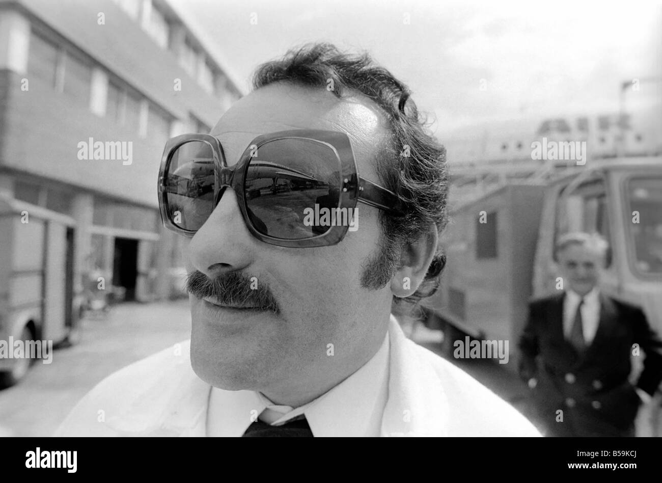 Mr. Irene Quaranta aged 39 with reflection of Concorde aircraft in his spectacles. &#13;&#10;April 1975 &#13;&#10;75-2072-018 Stock Photo