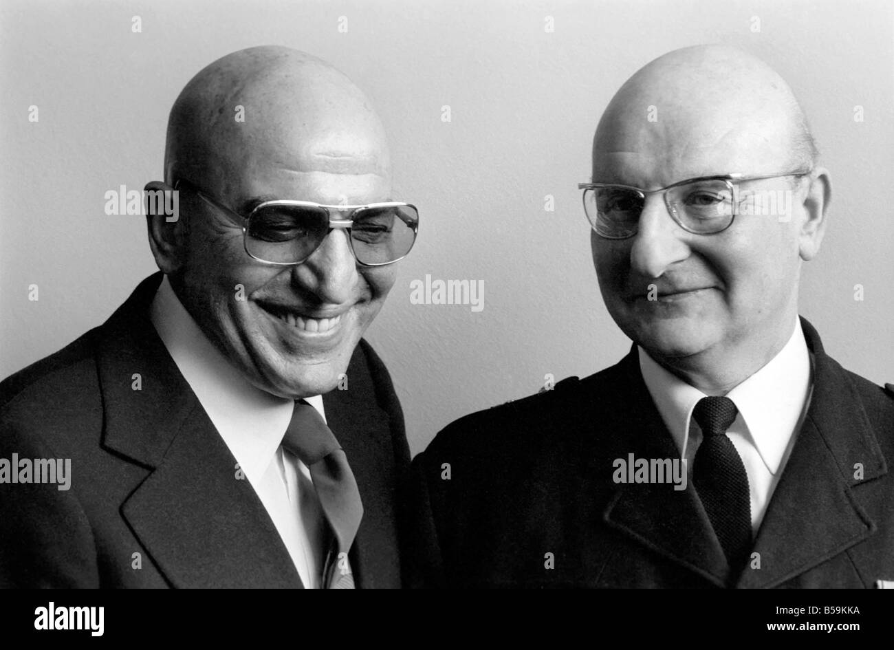 American actor Telly Savalas (left) who plays Kojak in the television series, pictured at Capital Radio Headquarters at Euston Tower, London, ;April 1975 ;75-2087-008 Stock Photo