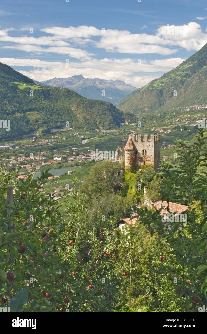 13th century Brunnenburg Castle, valley towards the Reschen Pass and Austria, Merano, Italy Stock Photo