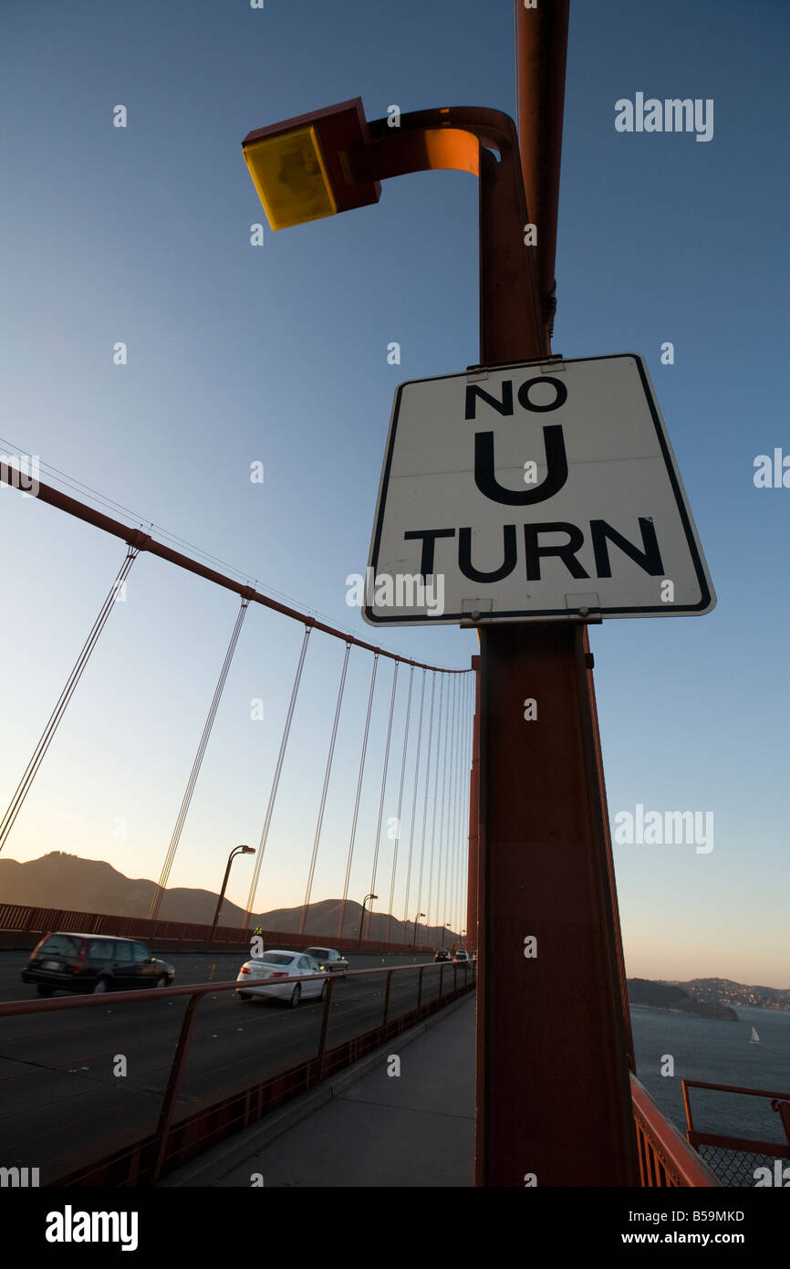 No U-Turn sign on the Golden Gate Bridge, San Francisco, California, USA. Stock Photo