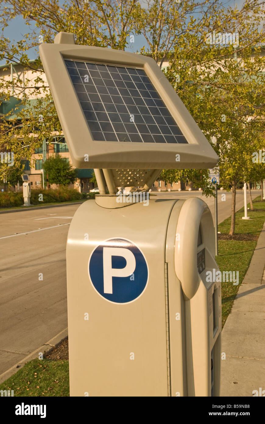 Solar Energy panel solar power going green Solar technology solar powered multi space parking meter Houston Texas Stock Photo