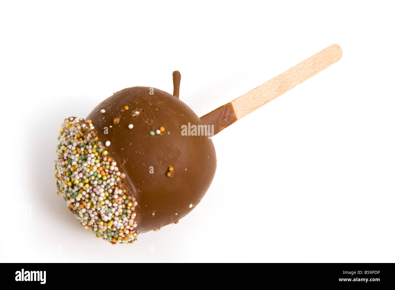Chocolate coated apple on a stick isolated on a white studio background. Stock Photo
