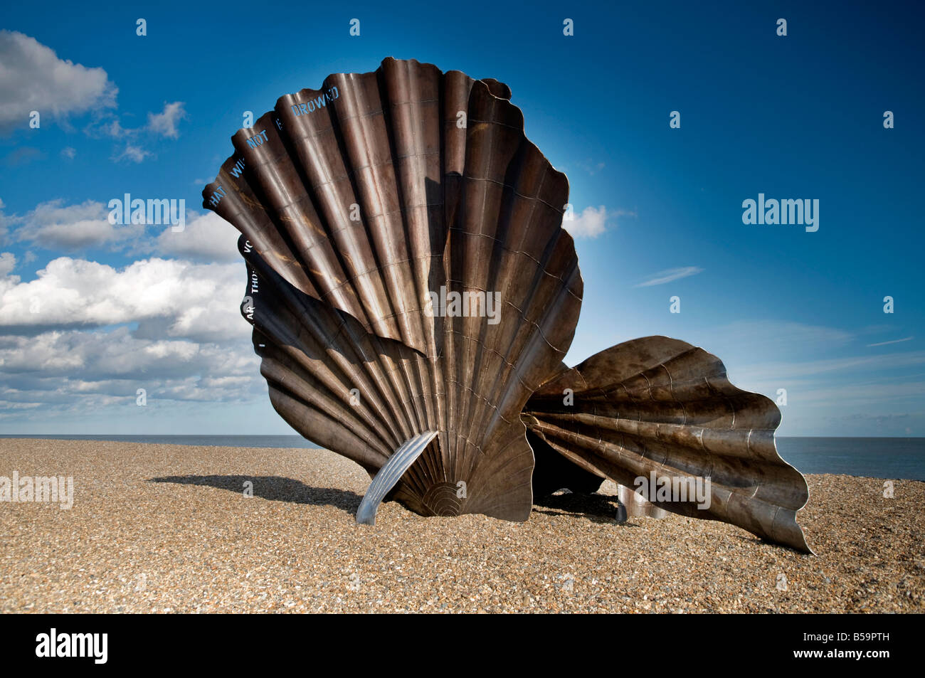The Scallop sculpture By Maggie Hambling, Aldeburgh Beach. Suffolk  UK Stock Photo