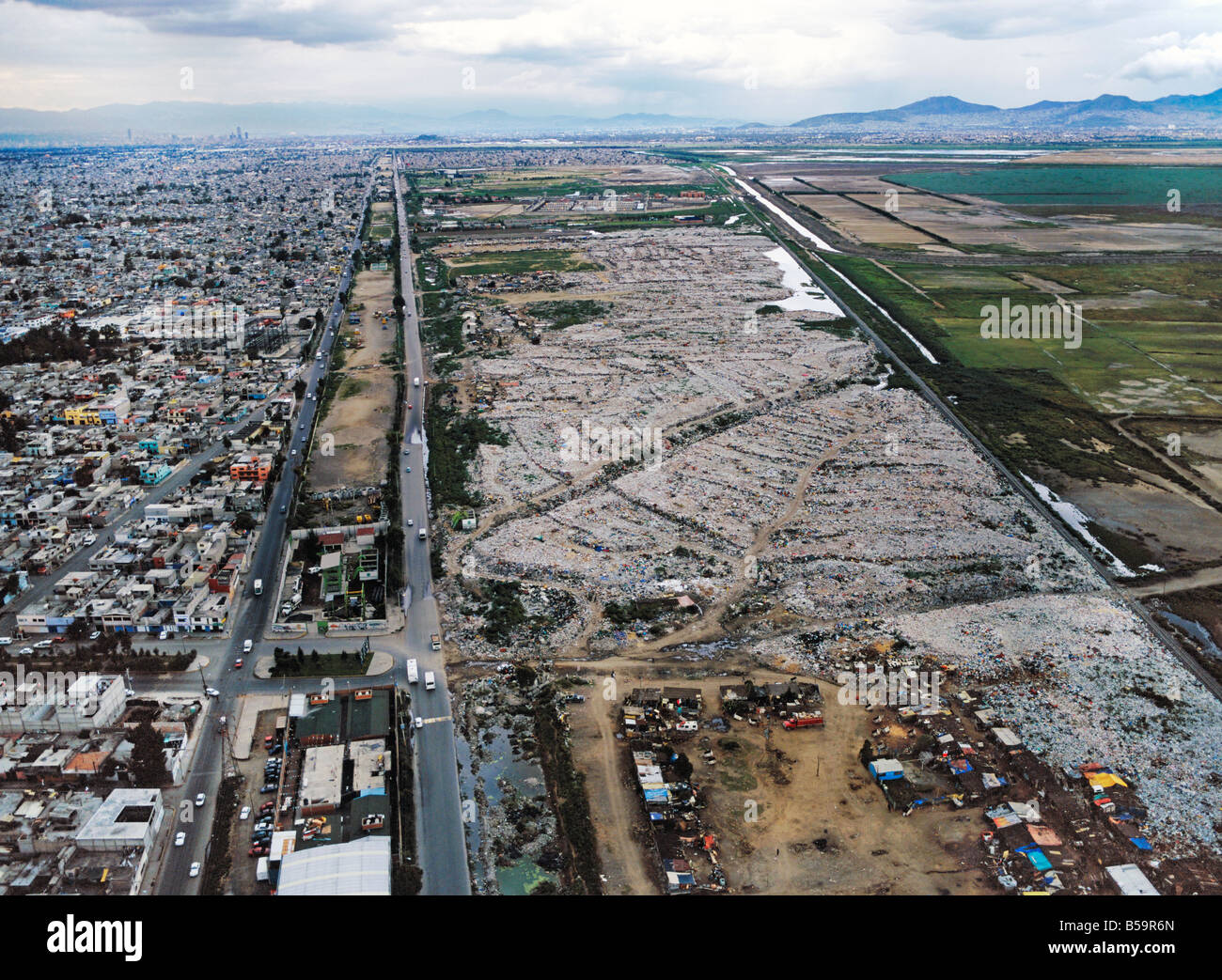 aerial view above Mexico City garbage dump in Nezahualoyotl in former Lake Texcoco basin Stock Photo