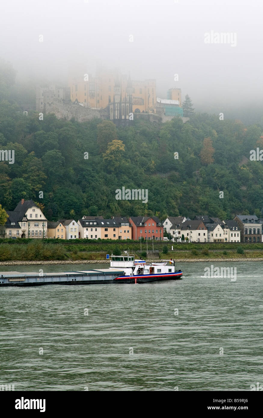 Stolzenfels Castle and the Rhine on a foggy morning. Stock Photo