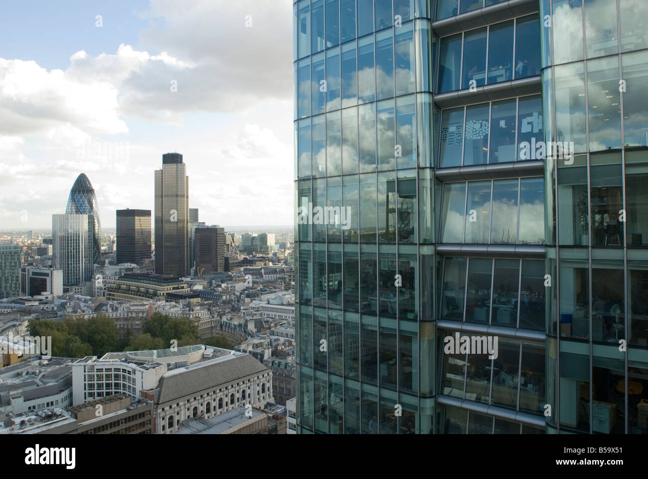 London city scape from Ropemaker street EC2, looking east past City Point to the Gherkin and NatWest Tower Stock Photo