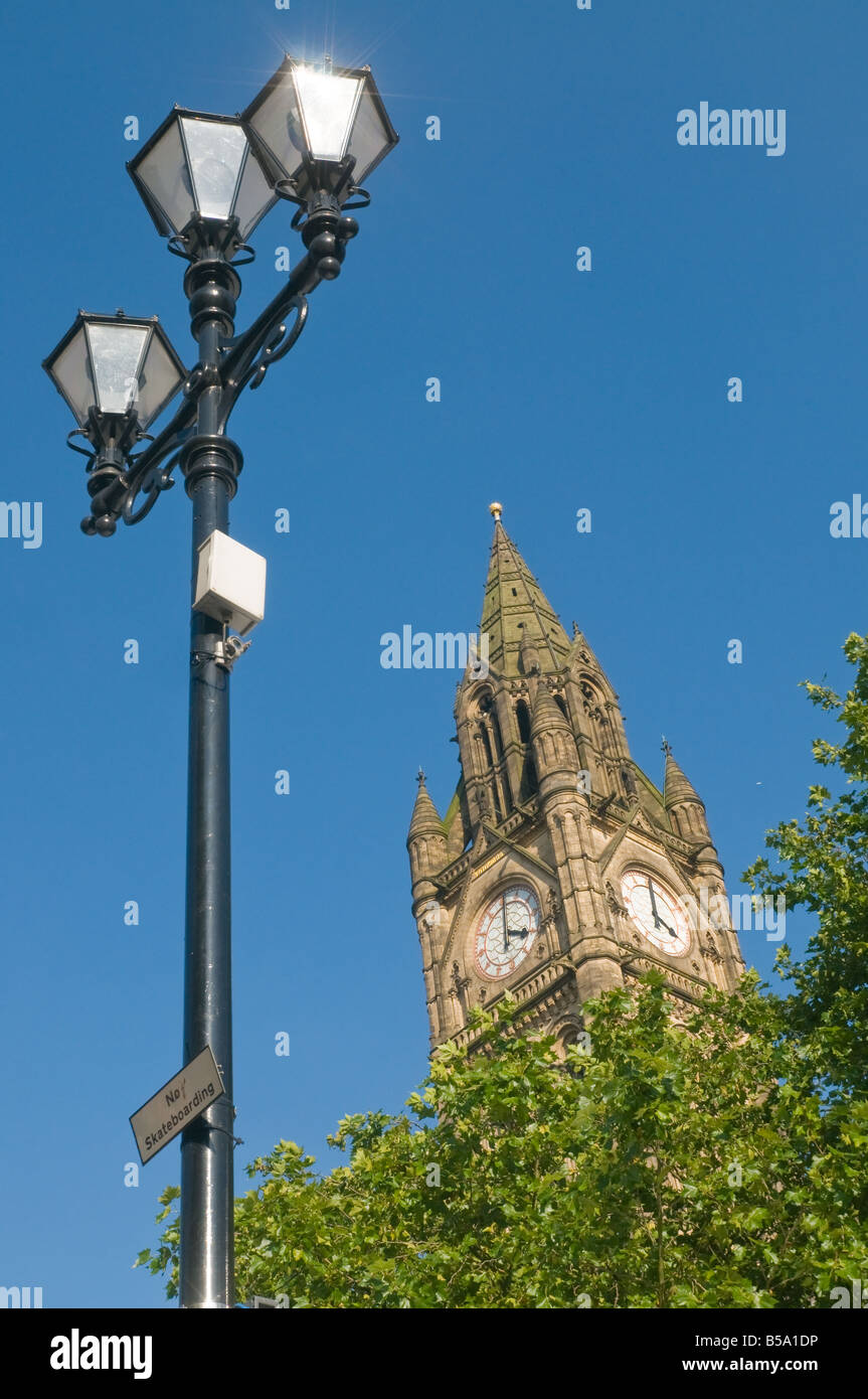Street lamp and Manchester Town Hall Albert Square Greater Manchester England Stock Photo