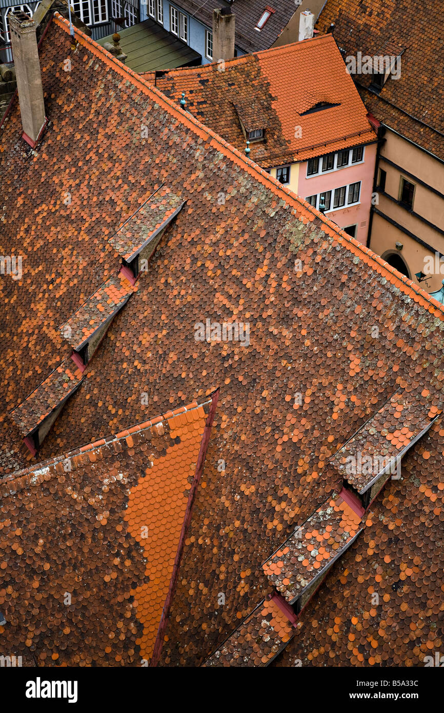 New and old red roof tiles on roofs Rothenburg ob der Tauber Germany Stock Photo