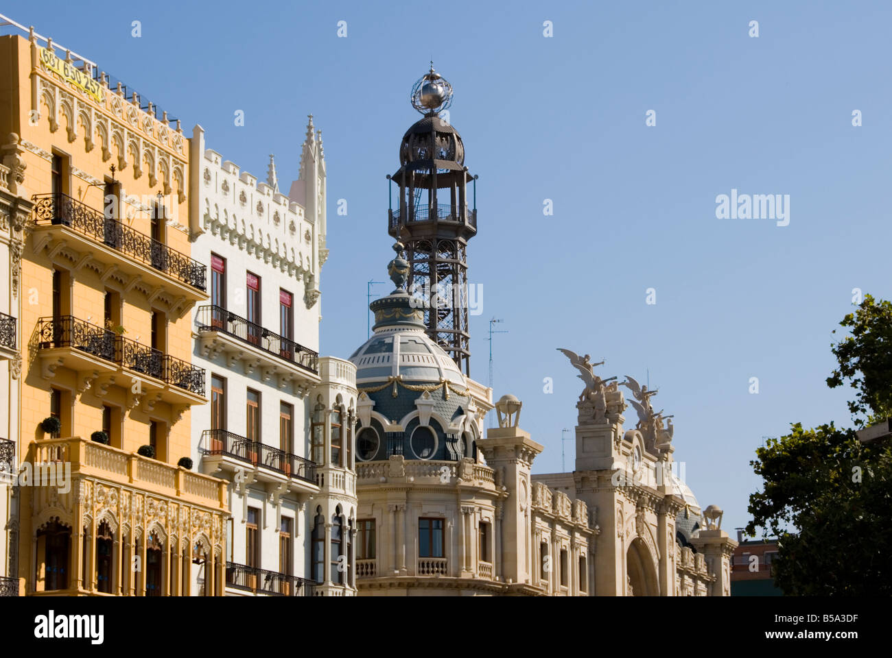Elaborate sculptured rooftops around the Town Hall square Plaza Ayuntamiento in the city centre of Valencia Spain Stock Photo