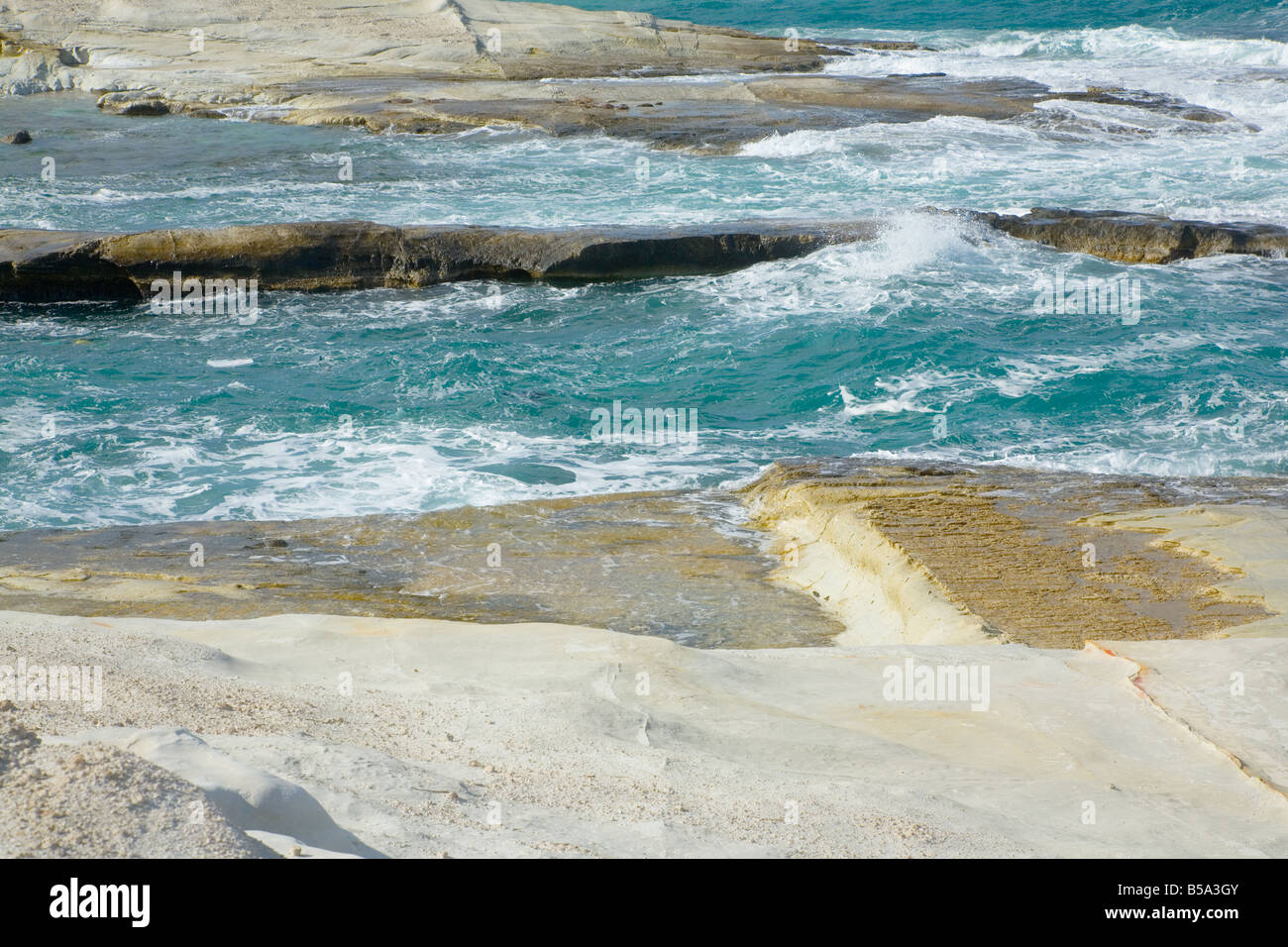 Shoreline at Sarakiniko, Milos Island, Greece Stock Photo
