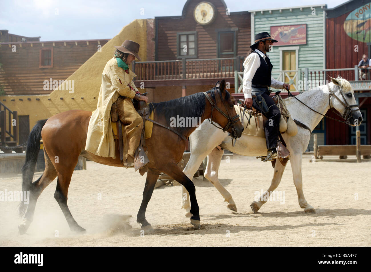 Cowboy shootout at  Spaghetti Western film set, Oasys, Mini Hollywood, Tabernas, Almeria, Spain Stock Photo