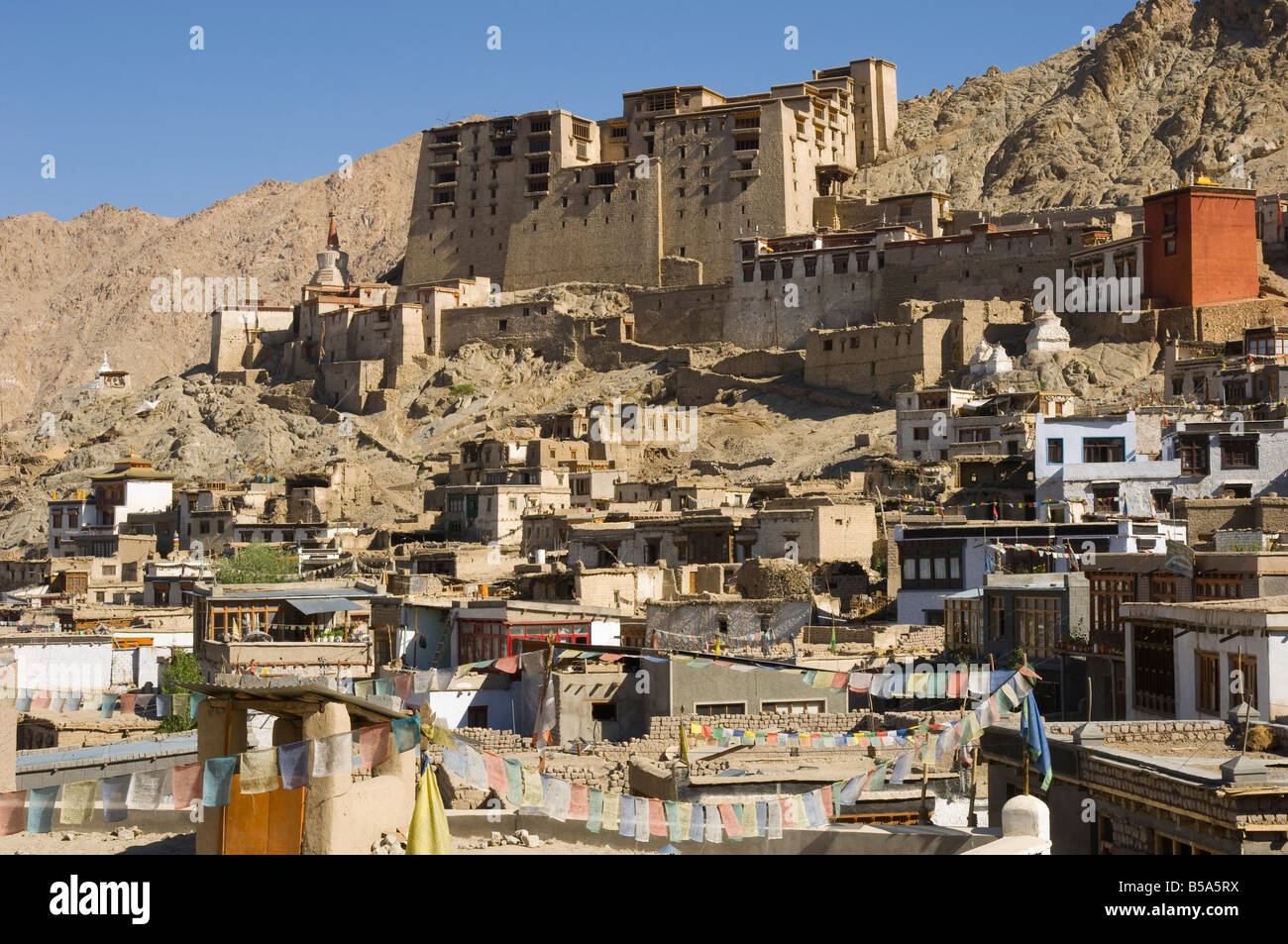 View of the old city with Leh palace in background, Leh, Ladakh, India Stock Photo