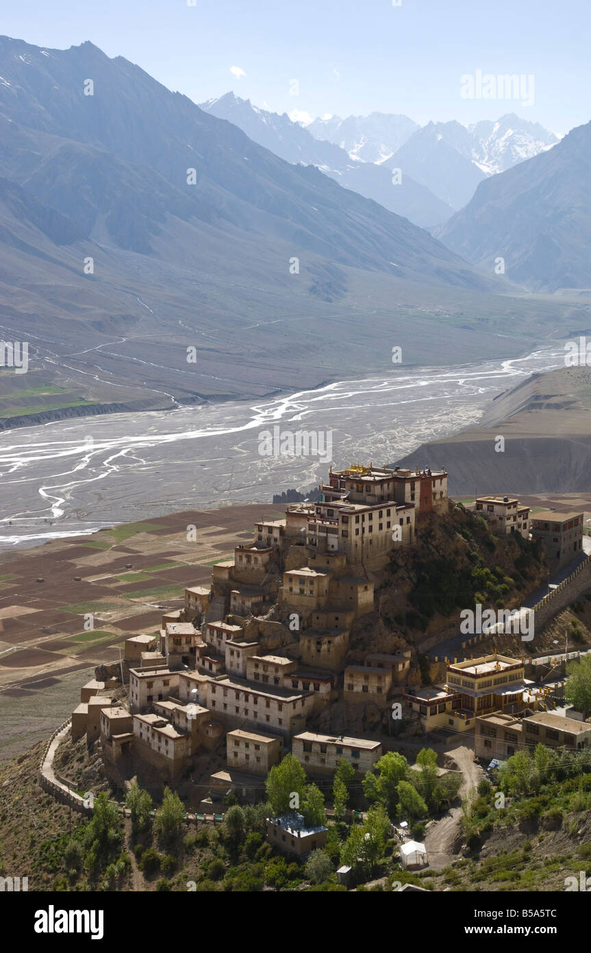 View of Kee Gompa monastery, Spiti valley and snowy mountains, Spiti, Himachal Pradesh, India Stock Photo