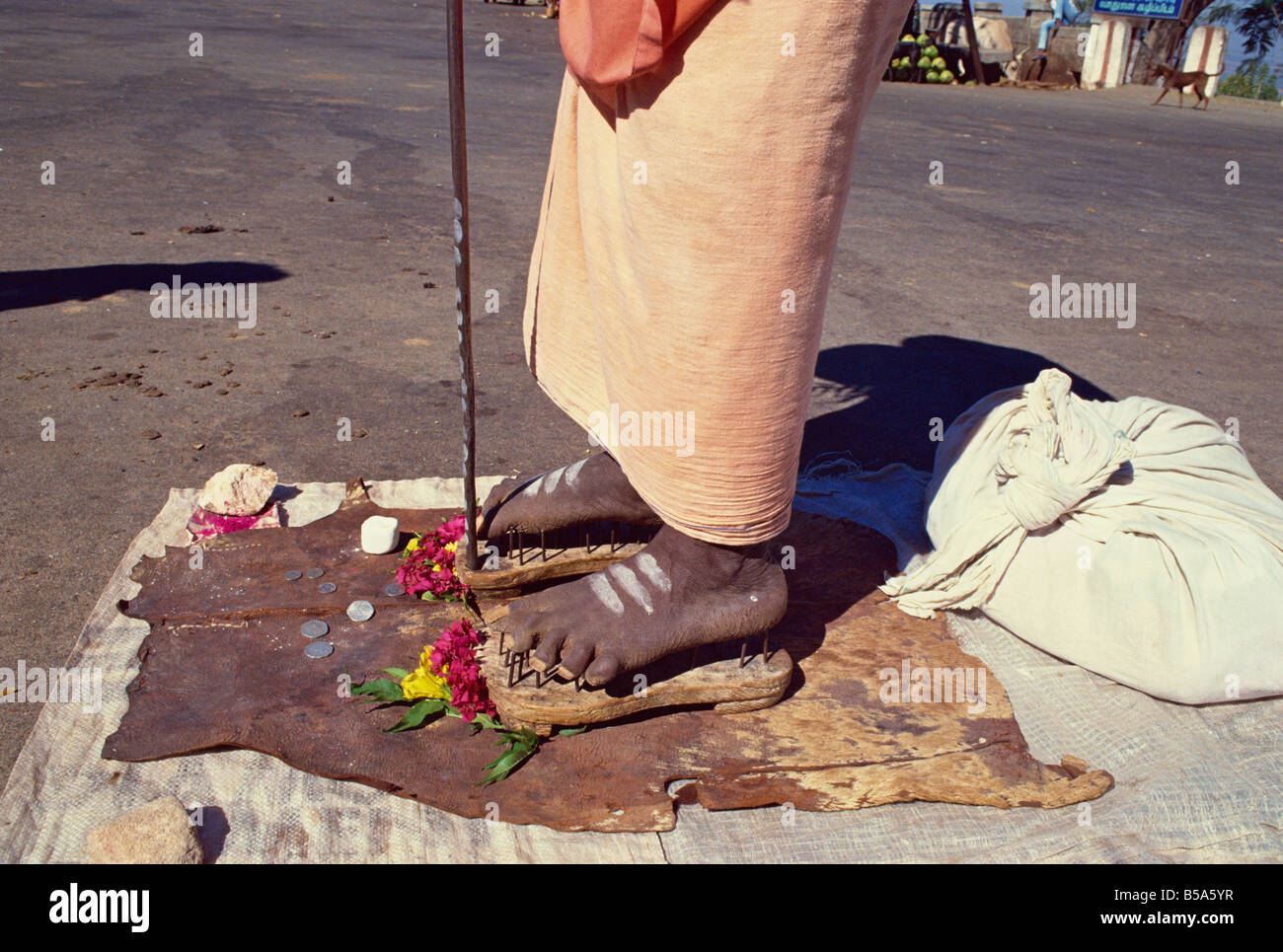 Close up of the feet of a Saddhu or holy man standing on a bed of nails