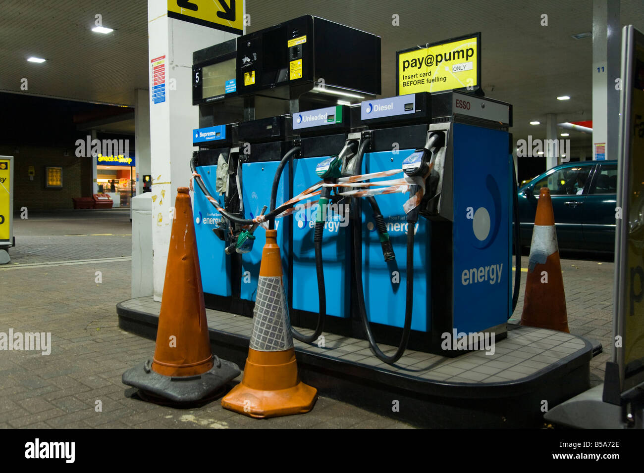 Damaged and out of order petrol and diesel pump at service station on the M40 motorway. (42) Stock Photo