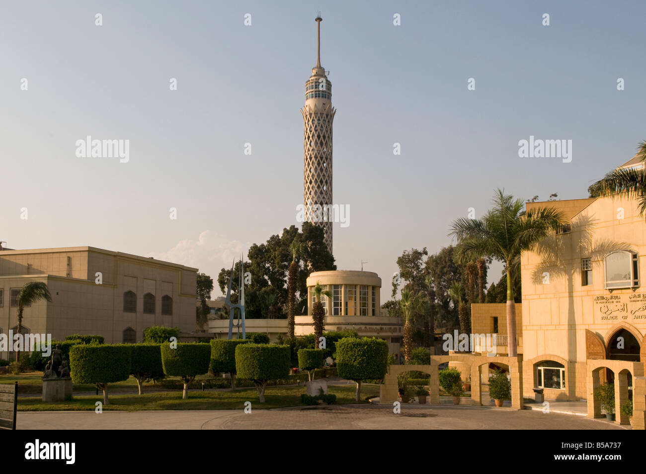 View of the Cairo Tower and the Palace of Arts at the Cairo Opera House grounds located in Zamalek district on the Nile island of Gezira Cairo Egypt Stock Photo