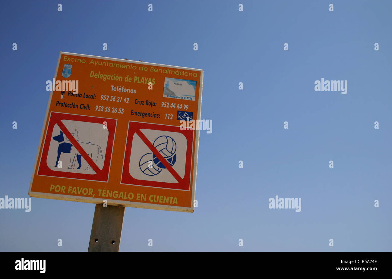 No dogs or ball games warning sign on the beach at Benalmadena Costa Del Sol Southern Spain Europe Stock Photo