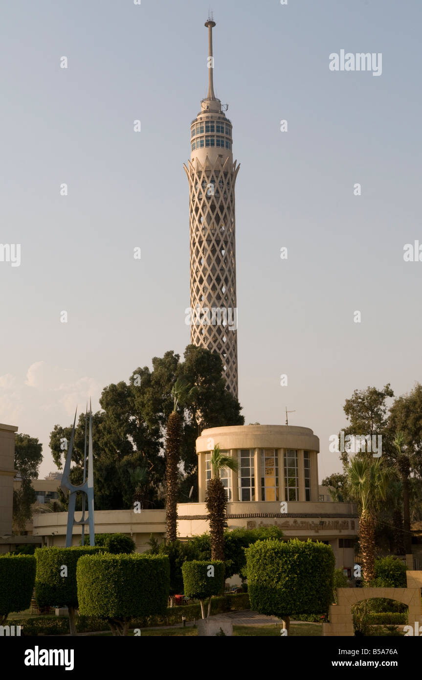 View of Cairo Tower across Syndicate of Plastic Arts at the Cairo Opera House grounds in Gezira Island in the Zamalek district, central Cairo Egypt Stock Photo