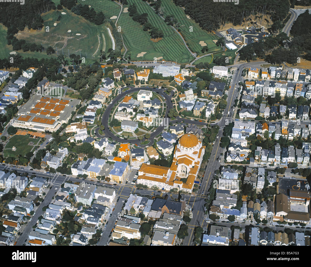 aerial view above Presidio Heights Presidio Golf Course San Francisco California Stock Photo