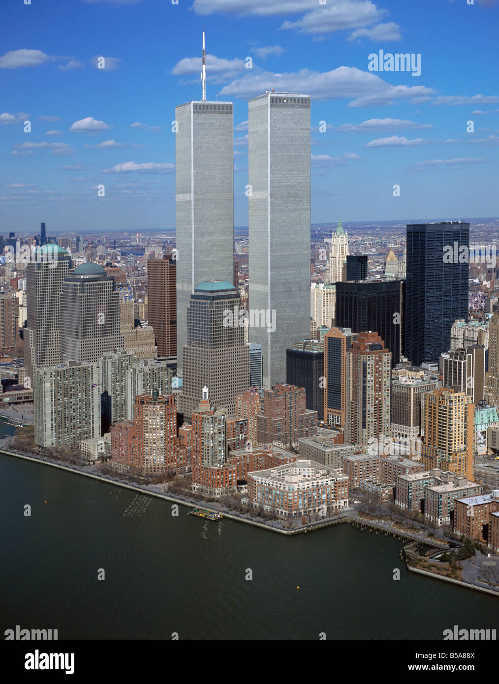aerial view above twin towers World Trade Center New York city from Hudson river Stock Photo