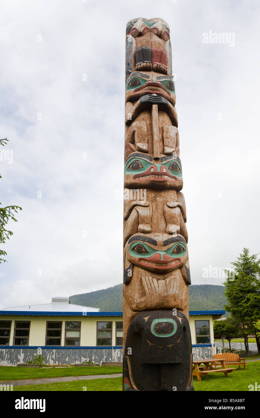 Totem pole near entrance to Sitka National Historical Park in Sitka, Alaska Stock Photo