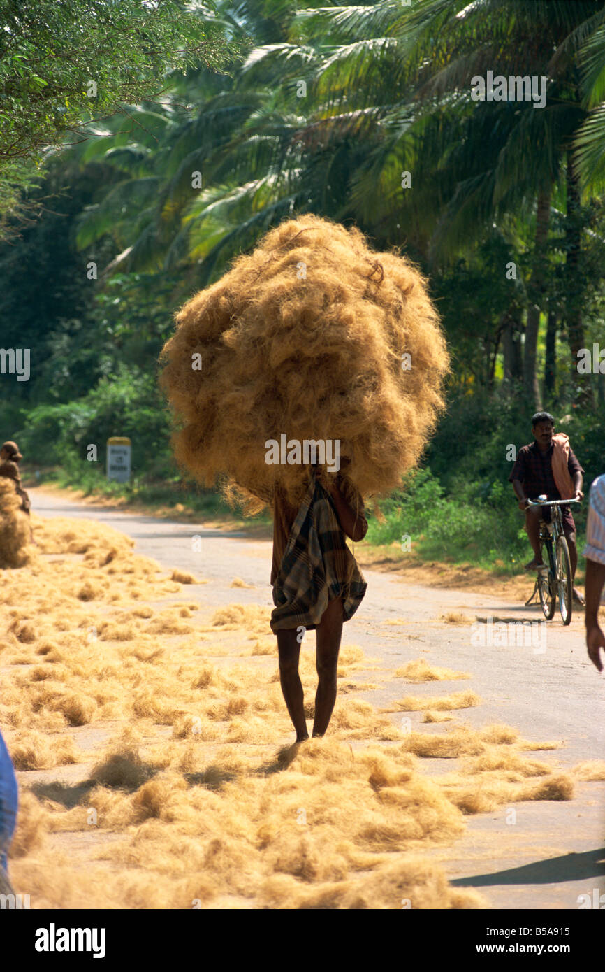 Man carrying coir fibre on his head, Tamil Nadu state, India Stock Photo