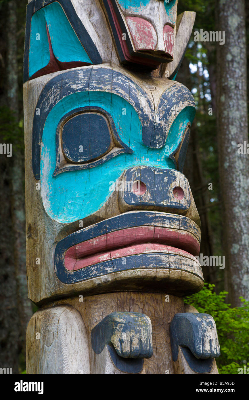 Close up of detail on Totem pole in National Historical Park in Sitka ...