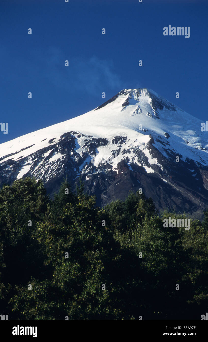 Villarrica volcano rises above Valdivian temperate mixed forest , Villarrica National Park, near Pucon, Region de La Araucania, Chile Stock Photo
