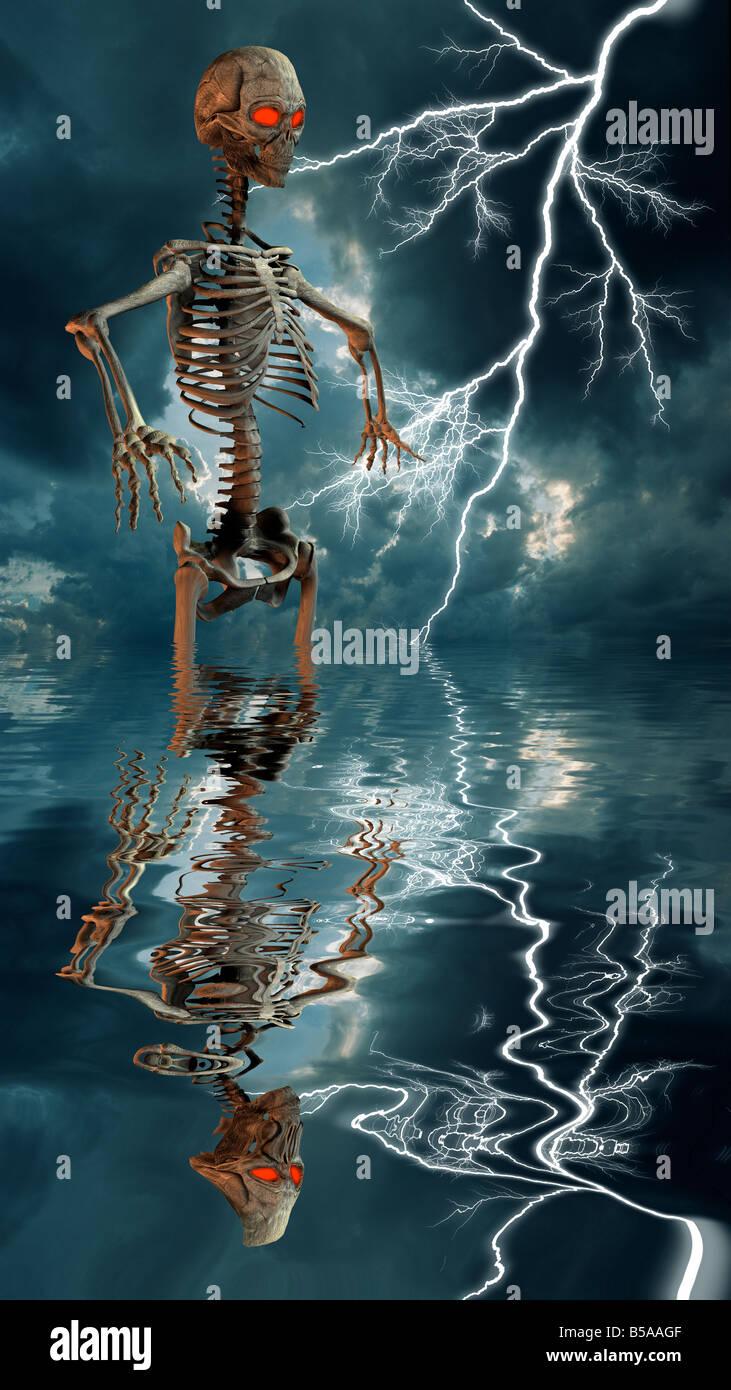 computer generated skeleton wading in lake in lightning storm Stock