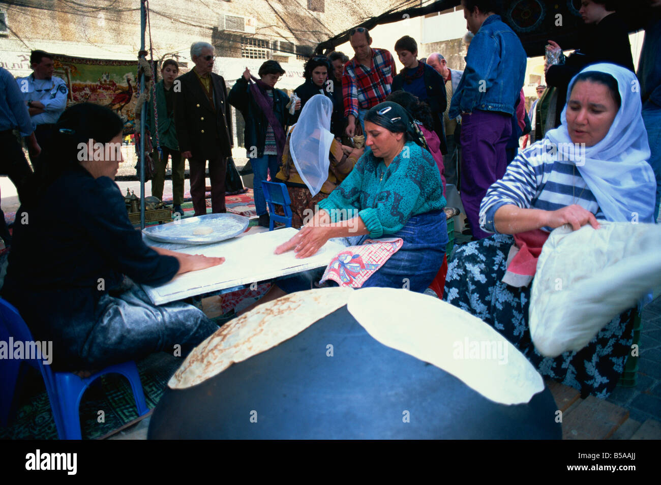 Bedouin making pita bread, Tel Aviv, Israel, Middle East Stock Photo