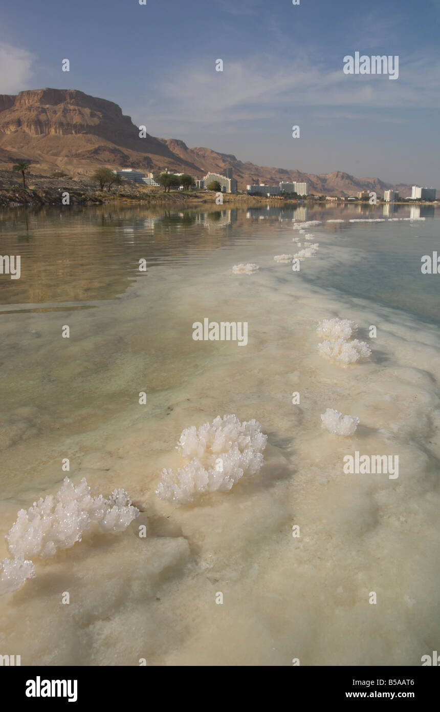 Sea and salt formations with hotels and desert cliffs beyond, Ein Bokek Hotel Resort, Dead Sea, Israel, Middle East Stock Photo