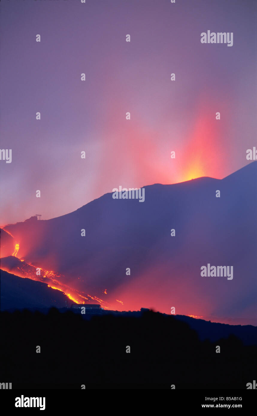 Lava flows during eruption of Mount Etna, Sicily, Italy, Europe Stock Photo