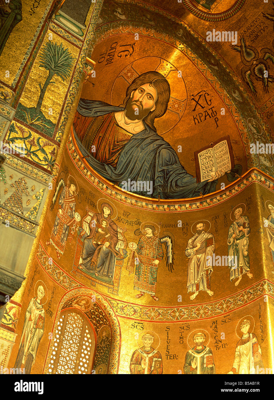 Christ Pantocrator above Madonna, angels and apostles, Monreale, Sicily, Italy Stock Photo
