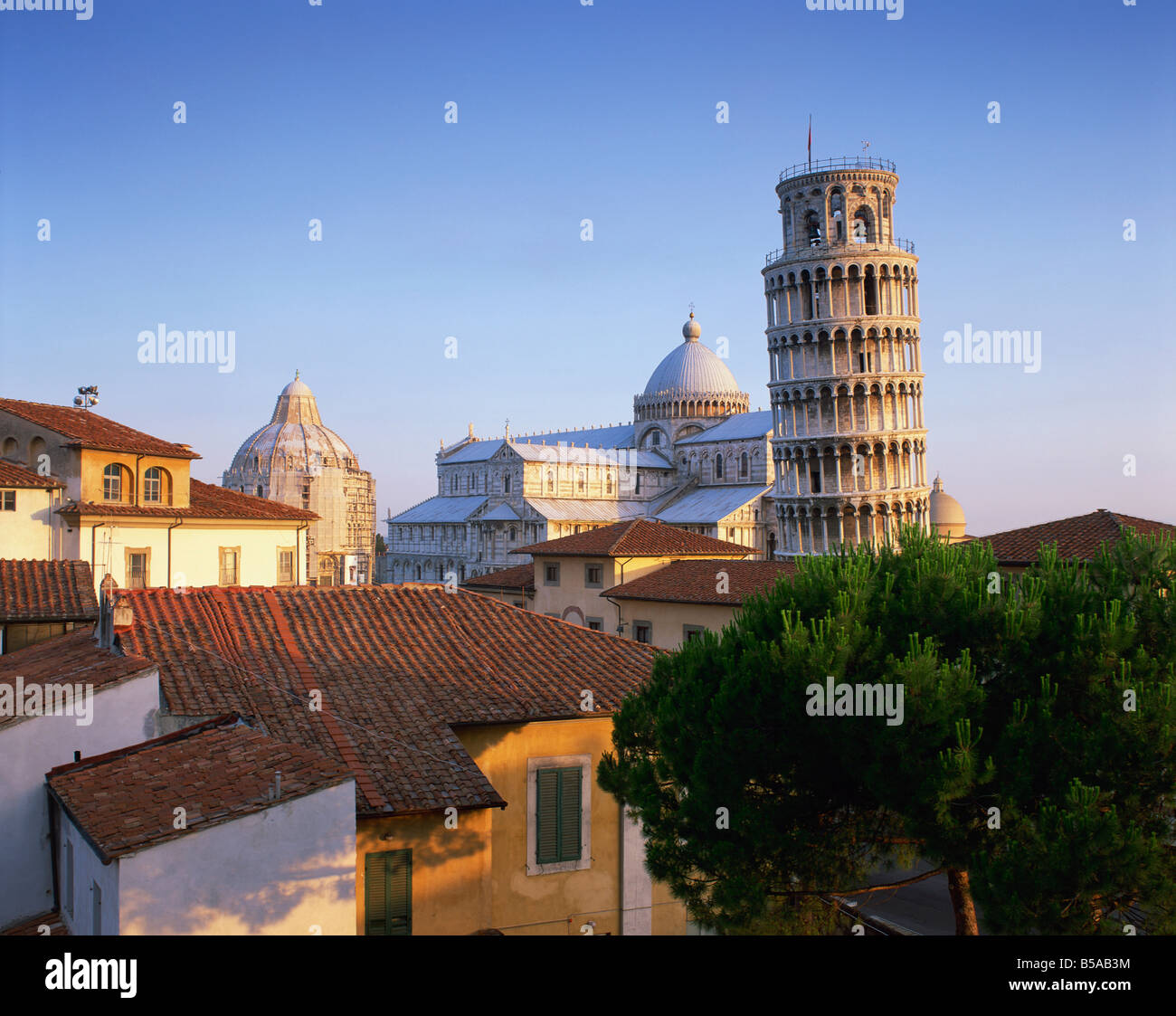 Skyline with the Leaning Tower Duomo and Baptistery in the city of Pisa UNESCO World Heritage Site Tuscany Italy Europe Stock Photo