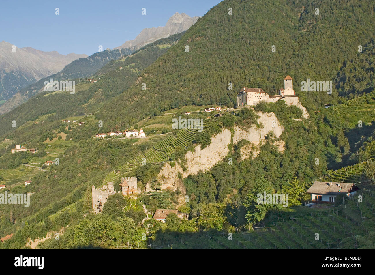 The 13th century Brunnenburg Castle and the 12th century Castel Tirolo, Merano, Sud Tyrol, Western Dolomites, Italy, Europe Stock Photo