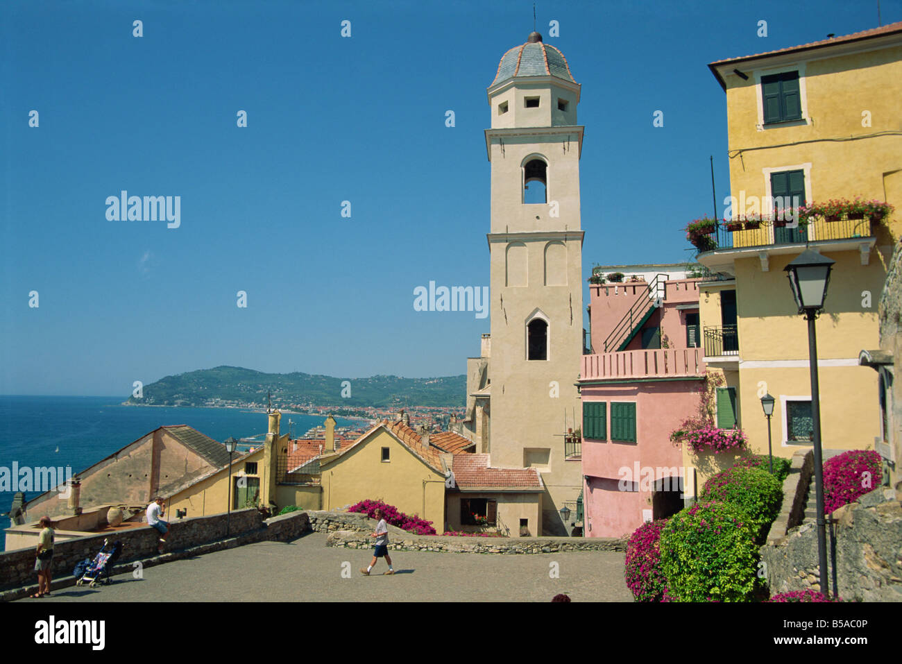 Tower and houses on the Piazza San Giovanni in the town of Cervo in Liguria on the Italian Riviera Italy S Terry Stock Photo