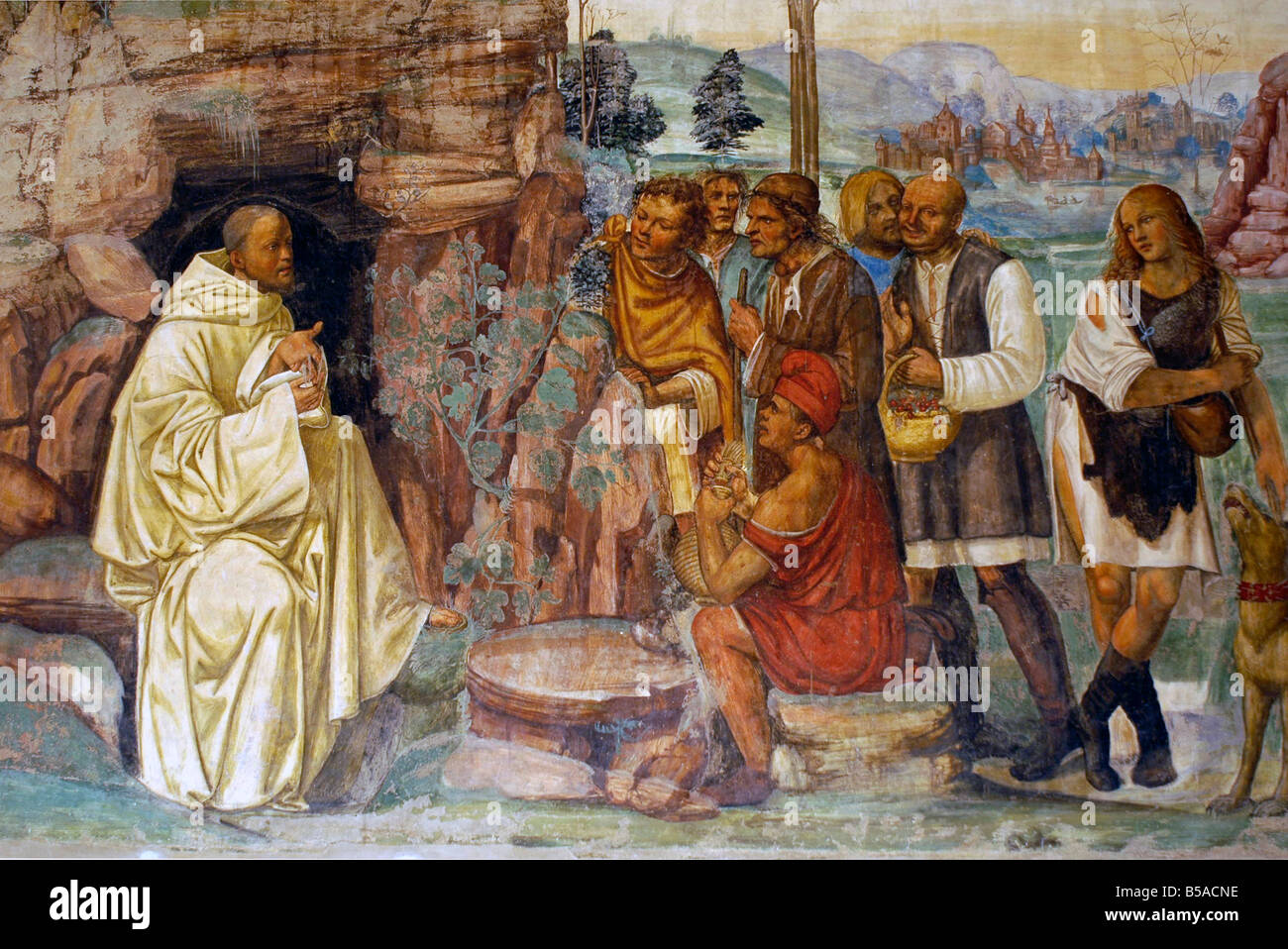 Frescoes in cloister, Monte Oliveto Maggiore Abbey, Tuscany, Italy, Europe Stock Photo