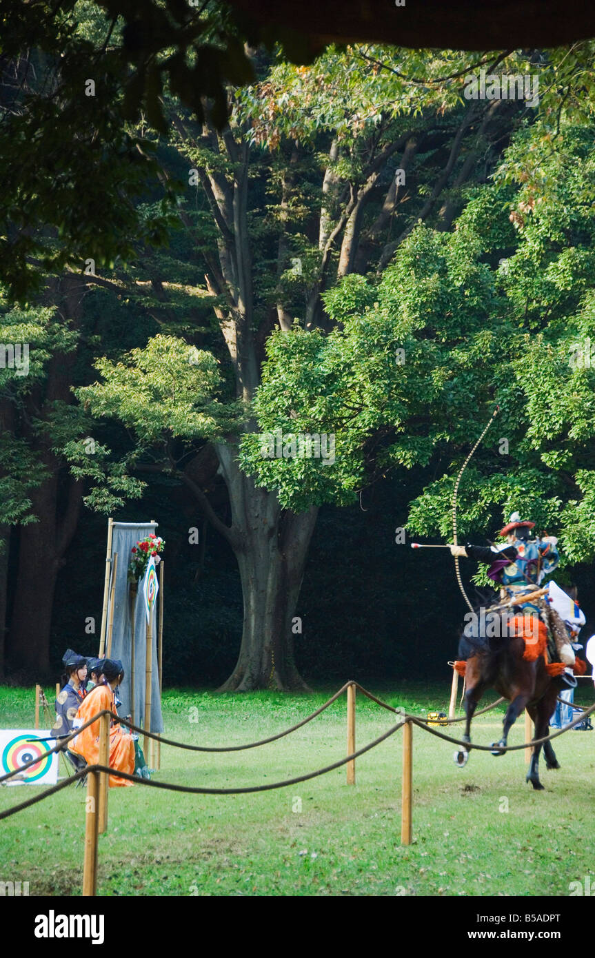 Horse Back Archery Competition (Yabusame), Harajuku District, Tokyo, Honshu Island, Japan Stock Photo