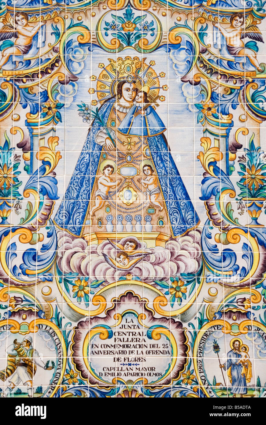 Hand painted glazed Azulejo tiles depicting the sacred statue and Patron Saint of the city of Valencia Stock Photo