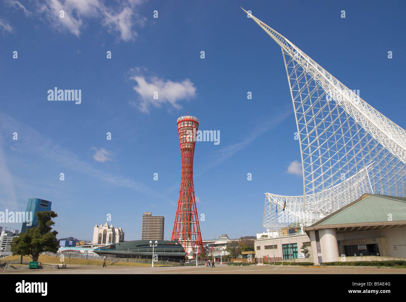 Kobe Maritime Museum and Port Tower, Meriken Park, Kobe harbour, Kobe, Kansai, Honshu, Japan Stock Photo