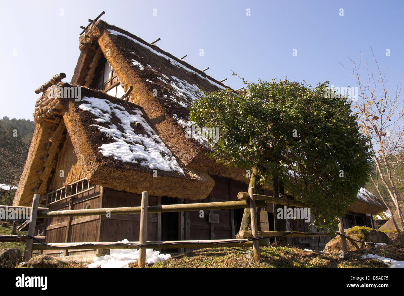 Traditional house with thick thatch roof, Hida Folk Village, Hida No Sato, Takayama, Hida district, Honshu, Japan Stock Photo