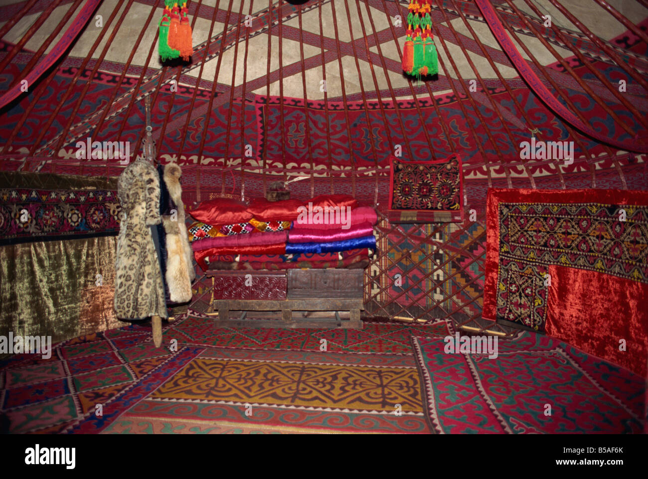 Interior of a traditional yurt, Bishkek, Kyrgyzstan, Central Asia Stock Photo